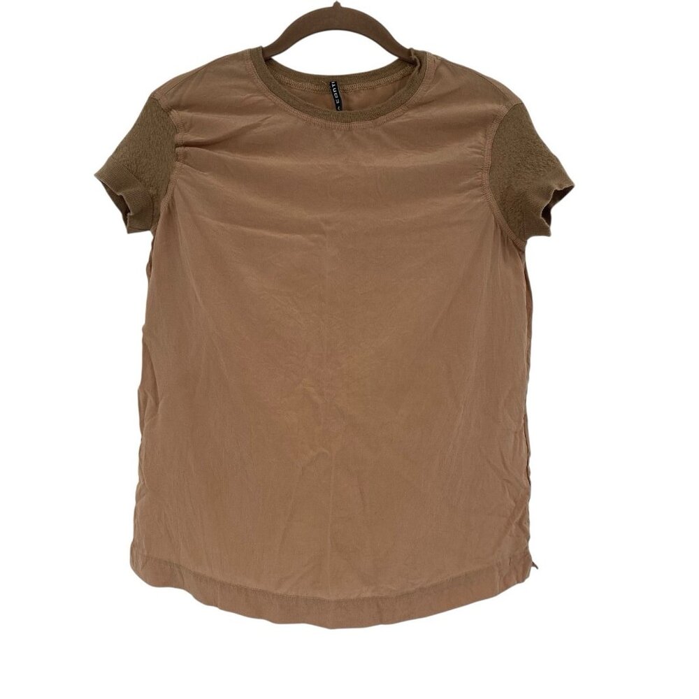 Liviana Conti Size 42 Brown Silk Blouse Textured Wool Detail Sleeves